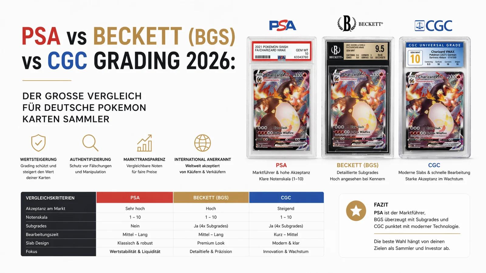 PSA vs Beckett (BGS) vs CGC Grading 2026: Der grosse Vergleich fuer deutsche Pokemon Karten Sammler