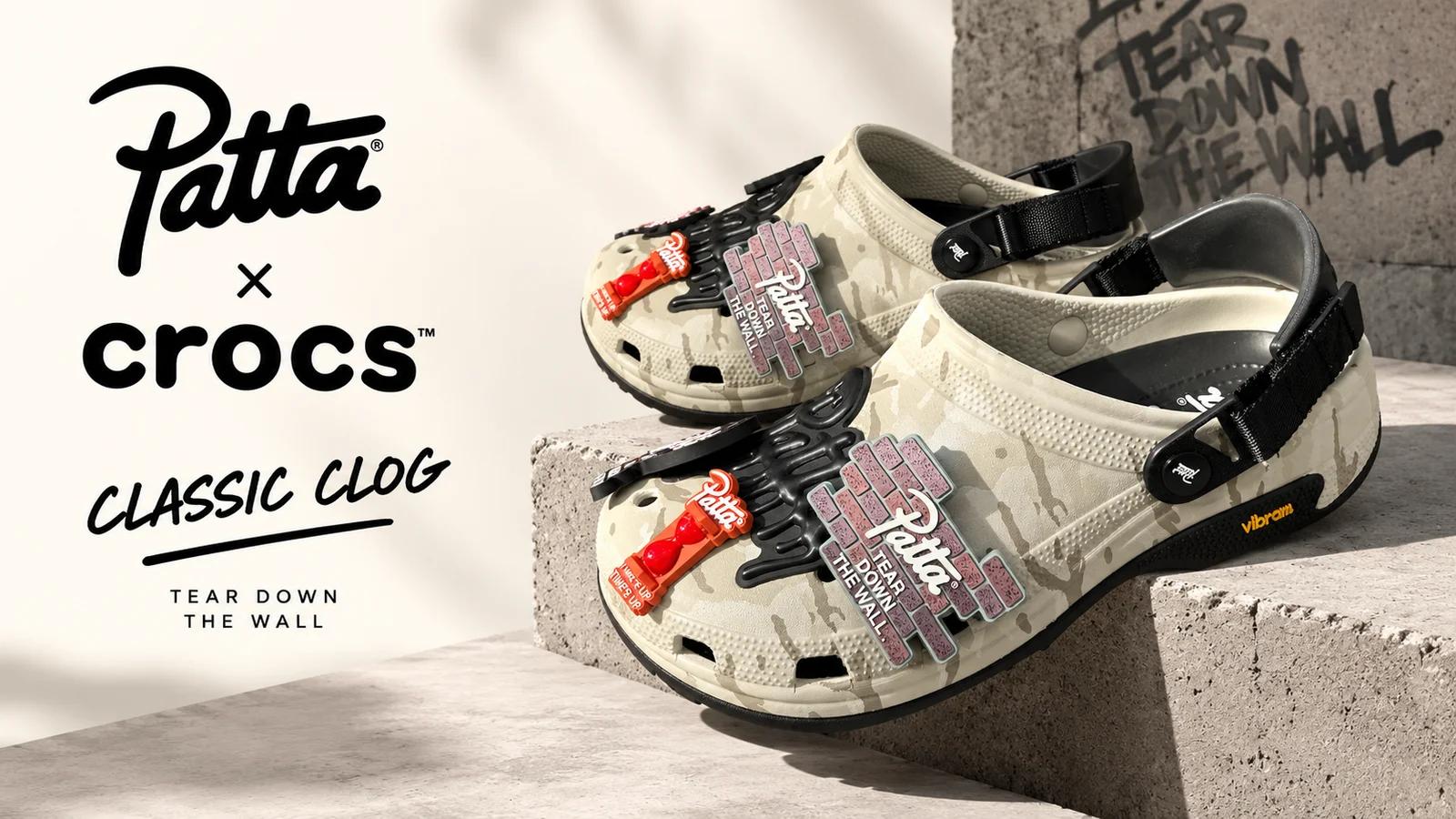 Patta x Crocs Classic Clog: Vibram underfoot and a "TEAR DOWN THE WALL" slogan