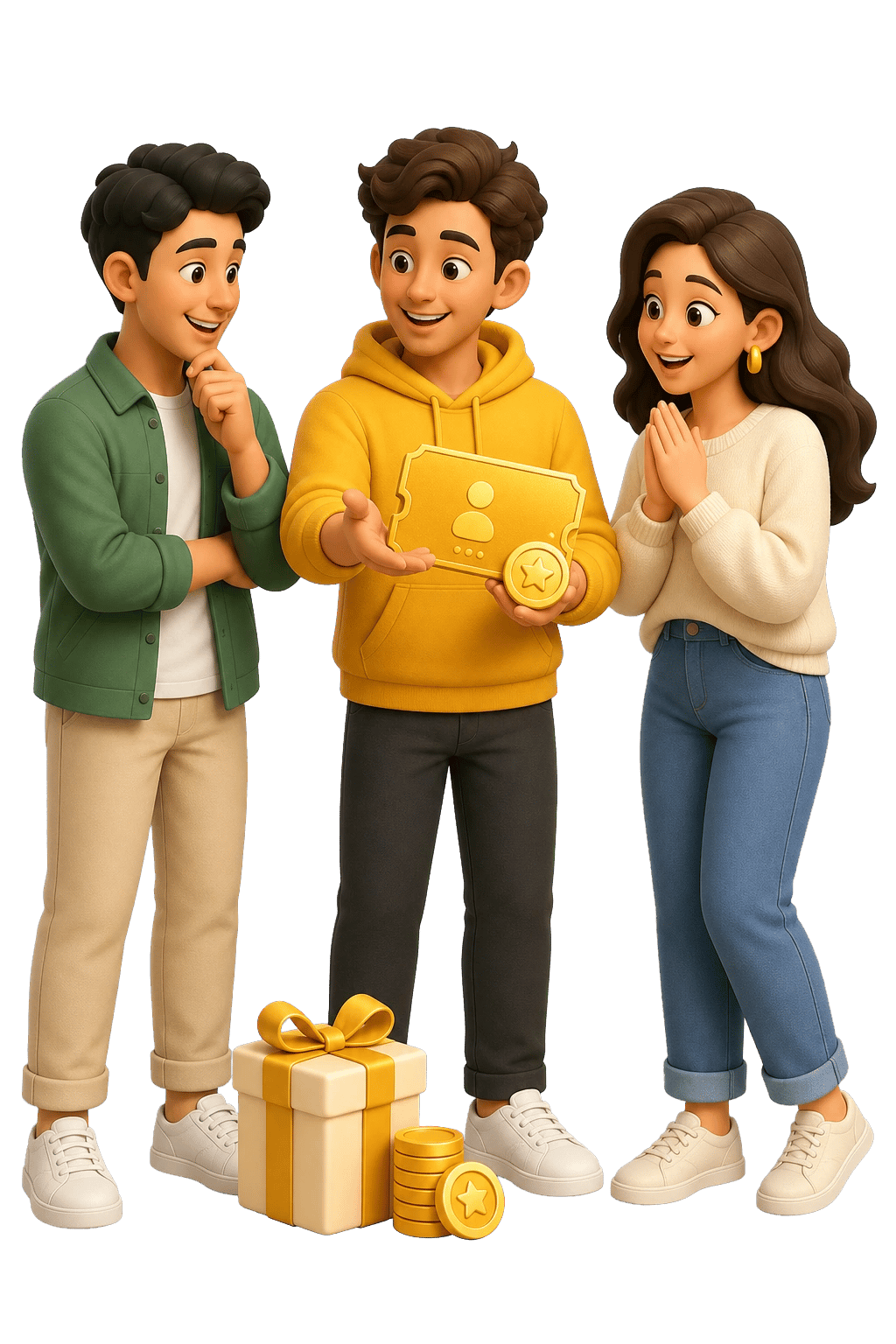 Three friends happily sharing a referral link with a gift reward