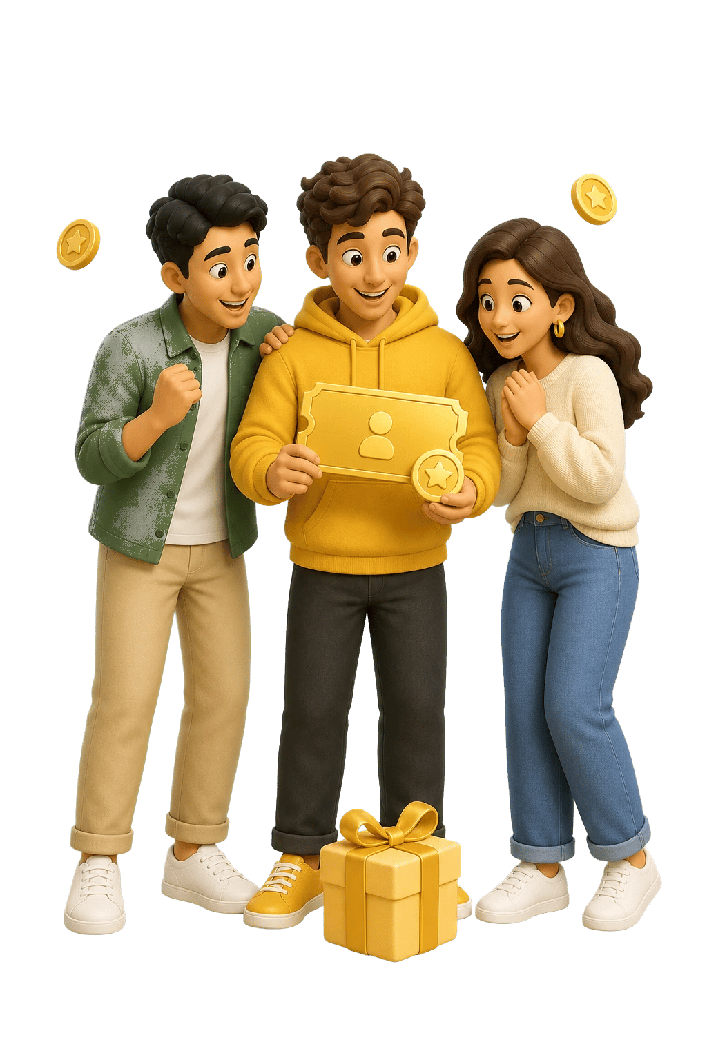 Three friends happily sharing a referral link with a gift reward