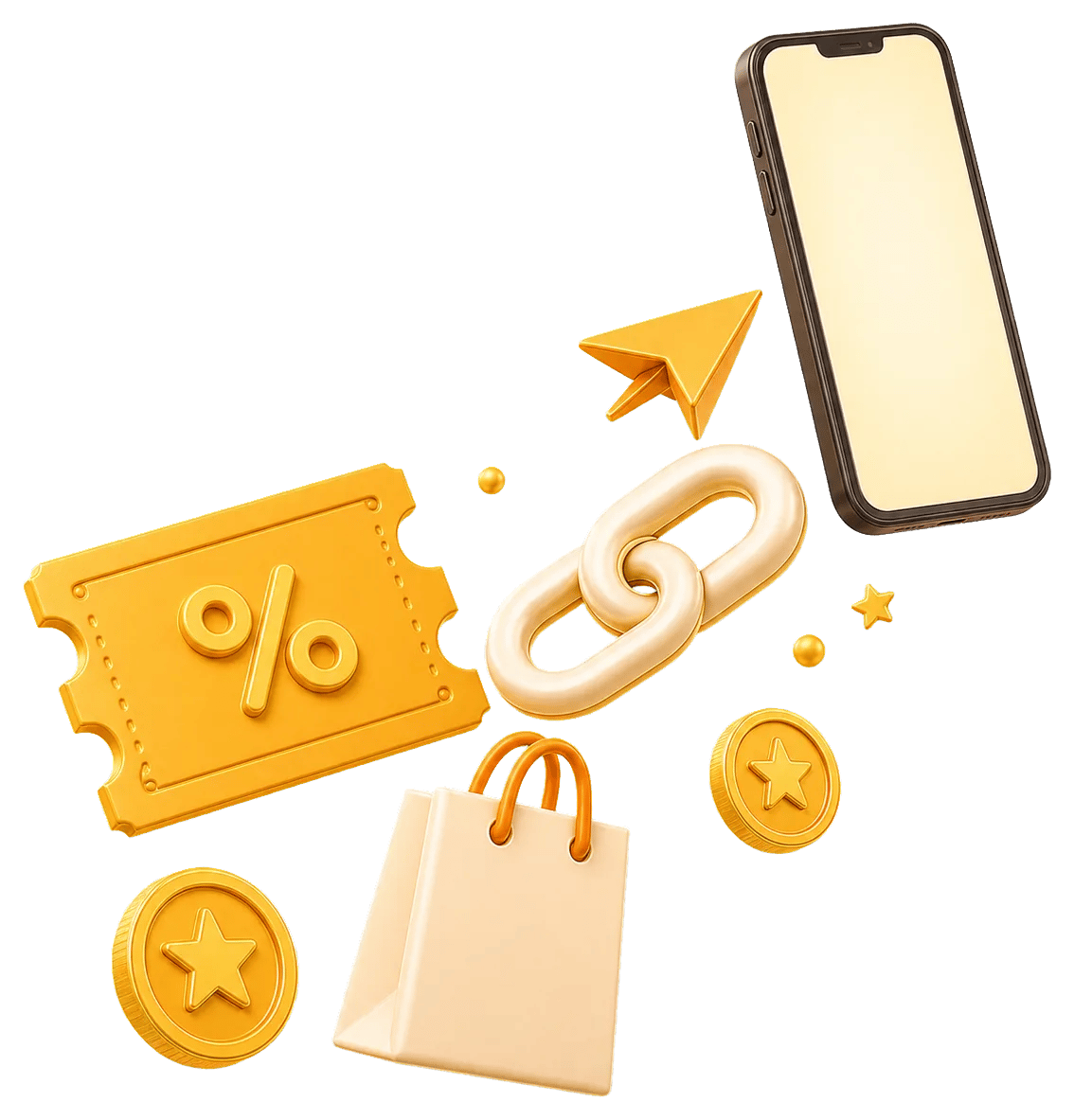 A phone sharing a deal with a discount ticket, shopping bag and cashback coins